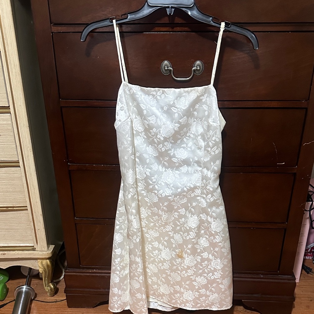 Lucy in the Sky Ivory Floral Satin Slip Dress with Spaghetti Straps
